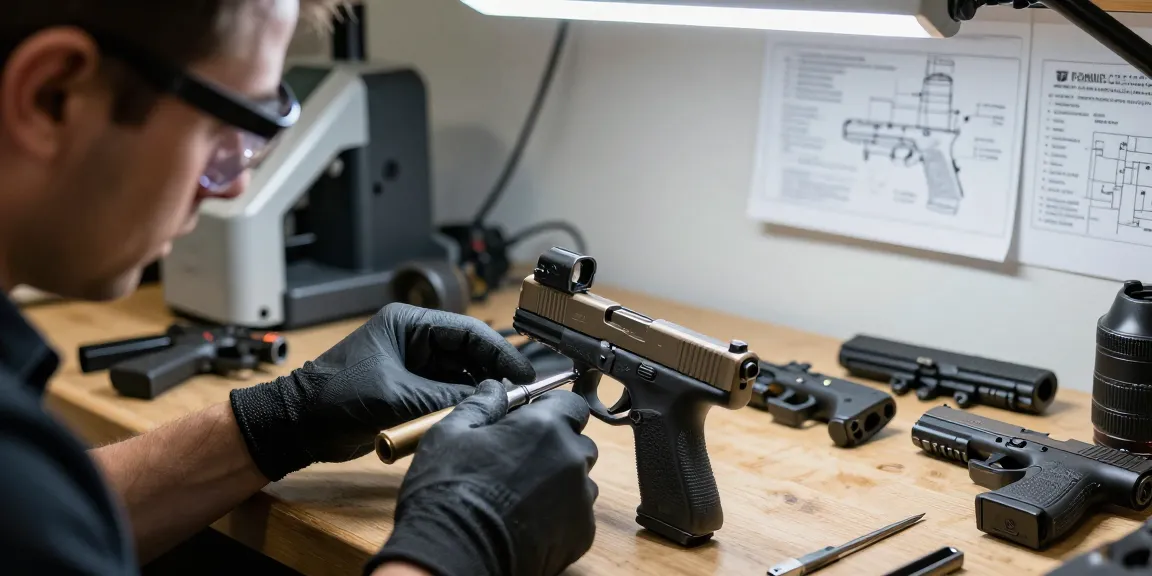 Glock slide customization at https://precisionglockslides.com workshop showcasing precision tools and aftermarket parts.