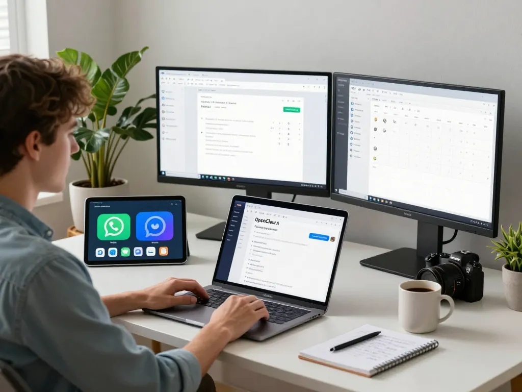 OpenClaw AI assistant setup with multiple devices in modern home office showcasing productivity.