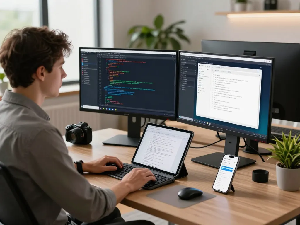 Developer working on Telegram 电脑版 in a bright modern office with dual monitors.