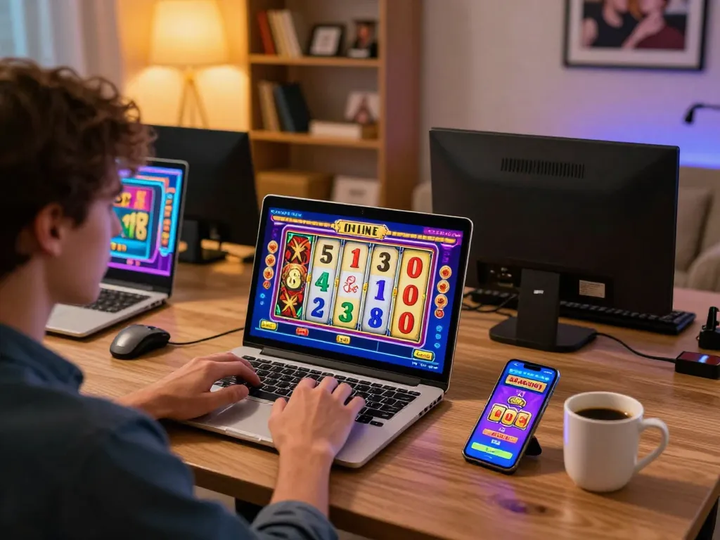 Engaged player spin reels on slot online game at home gaming setup with cozy atmosphere.