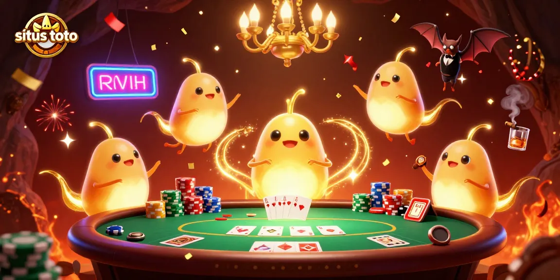 Join the excitement at situs toto with glowworms lighting up the poker table in a vibrant casino scene.