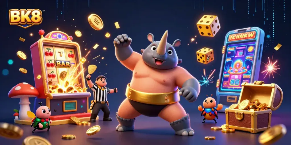 BK8 bolsters winning excitement with a lively 3D casino scene vibrant with gold coins and thrilling gameplay.