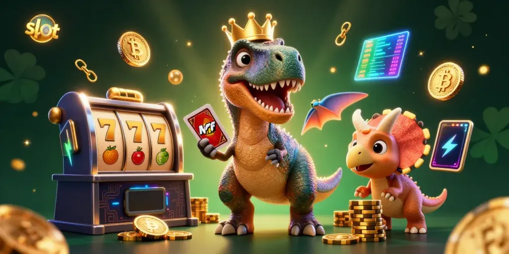 Slot dengan karakter dinosaurus beraksi bermain kartu dan menumpuk chip emas di kasino virtual.