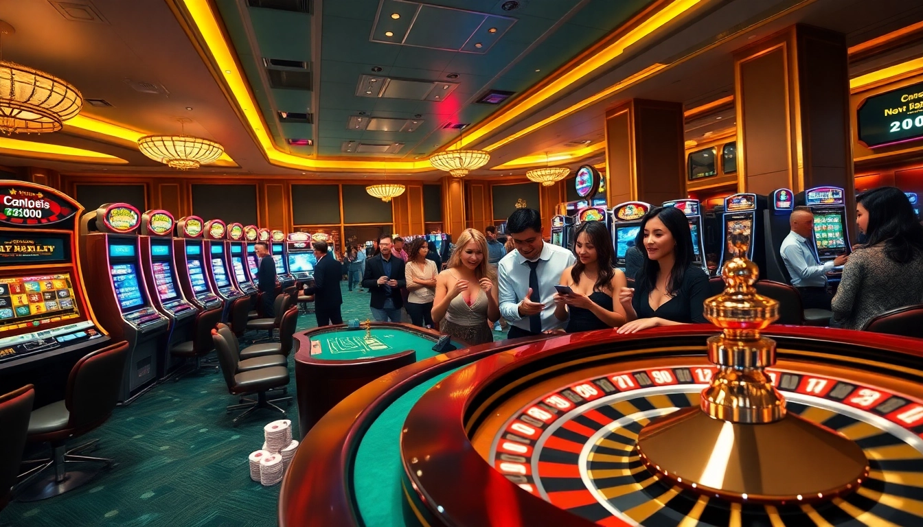 Scène passionnante de casino en ligne 2026 avec une table de poker dynamique, des machines à sous luxueuses et une action de paris dynamique.