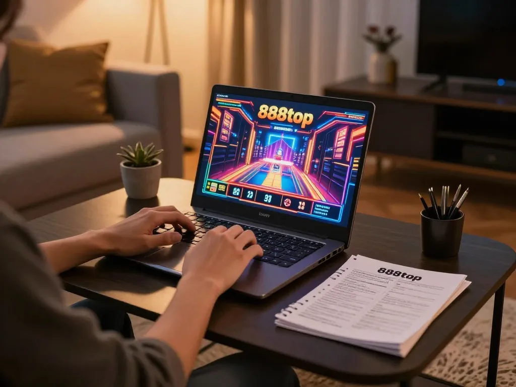Engaging moment featuring user playing exciting slots on 888top online casino platform, showcasing immersive gaming experience.