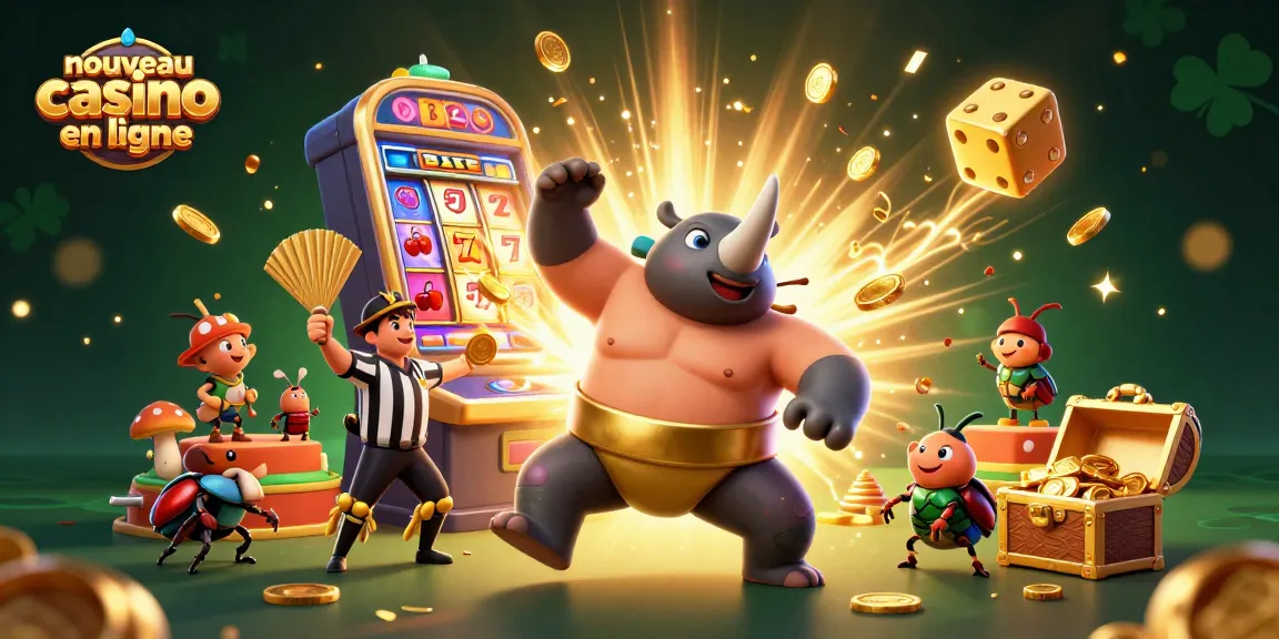 Illustration dynamique d'un nouveau casino en ligne avec un scarabée rhinocéros sumo et un arbitre, pièces d'or volantes.