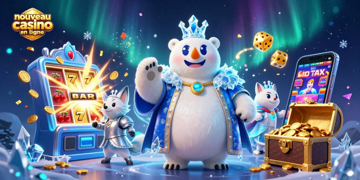 Célébrez le nouveau casino en ligne en découvrant un ours polaire royal avec un renard, entourés de machines à sous et d'effets festifs