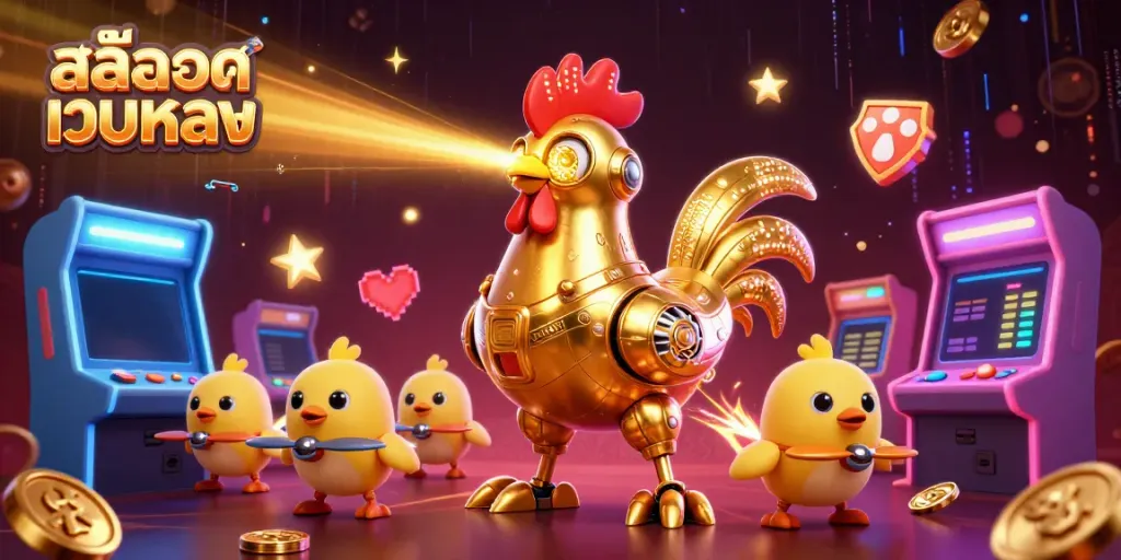 Experience สล็อตเว็บตรง excitement with a golden rooster robot and arcade elements.