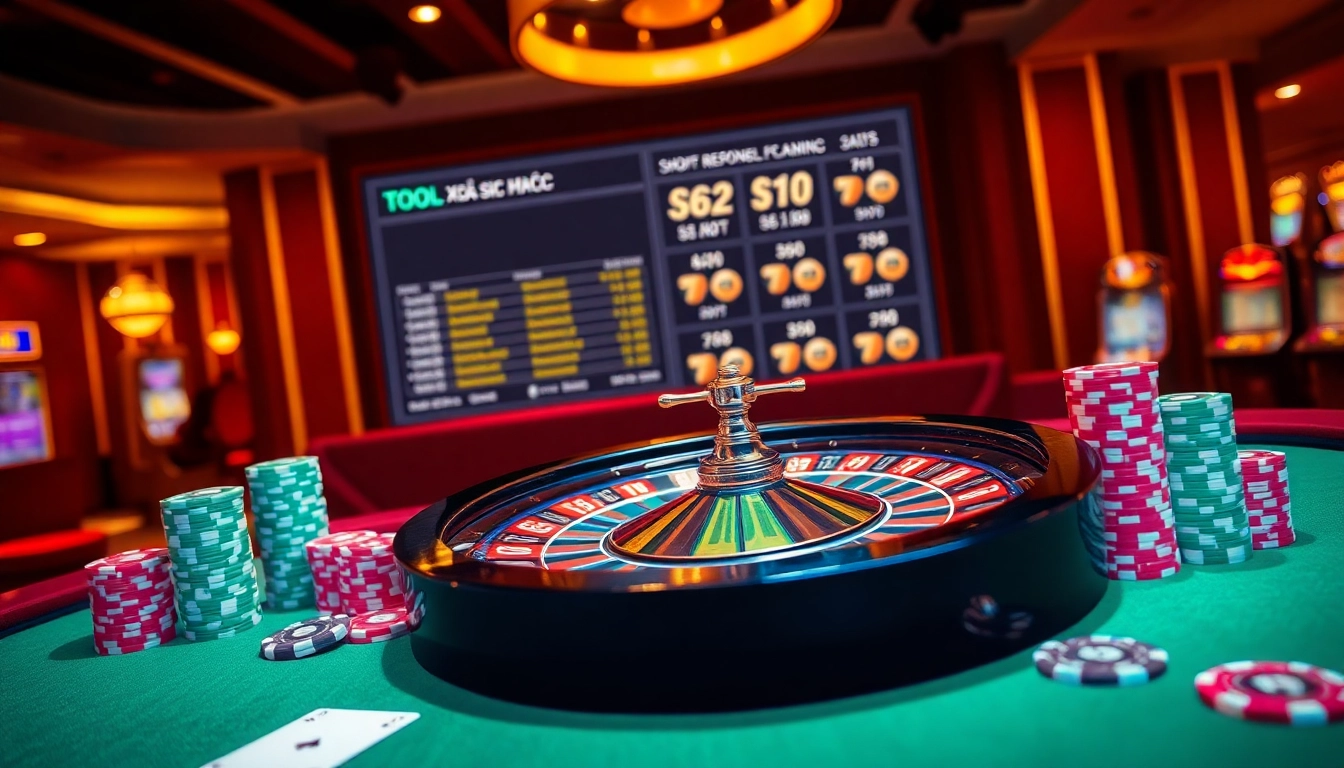 Tool xổ số siêu tốc spins the excitement at casinos with vibrant roulette, chips, and cards.