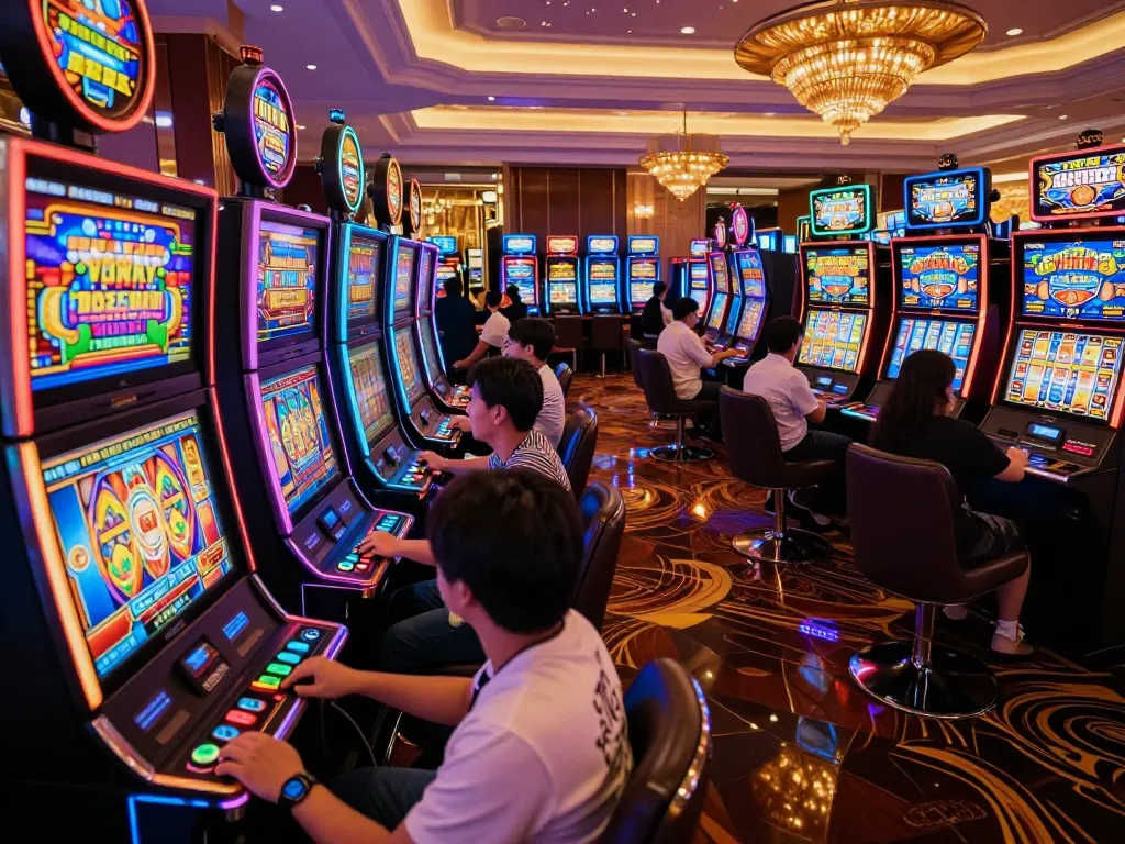 Excited players engaging with colorful slot machines in a vibrant casino atmosphere, exploring slot thailand