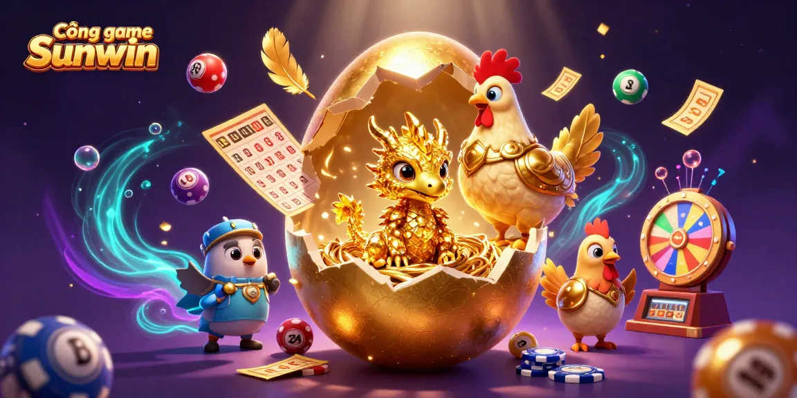 Cổng game Sunwin showcases a captivating 3D scene of a golden baby dragon on poker chips amidst colorful lottery elements, offering exciting gaming experiences.