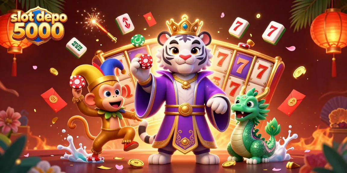Experience excitement at slot depo 5000 with an engaging and lively illustration of casino elements.