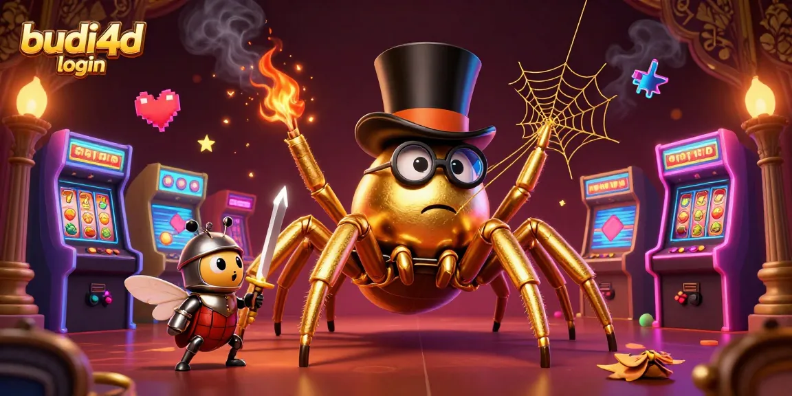 Budi4D login showcases a golden tarantula and a beetle knight in a packed casino scene with slot elements.