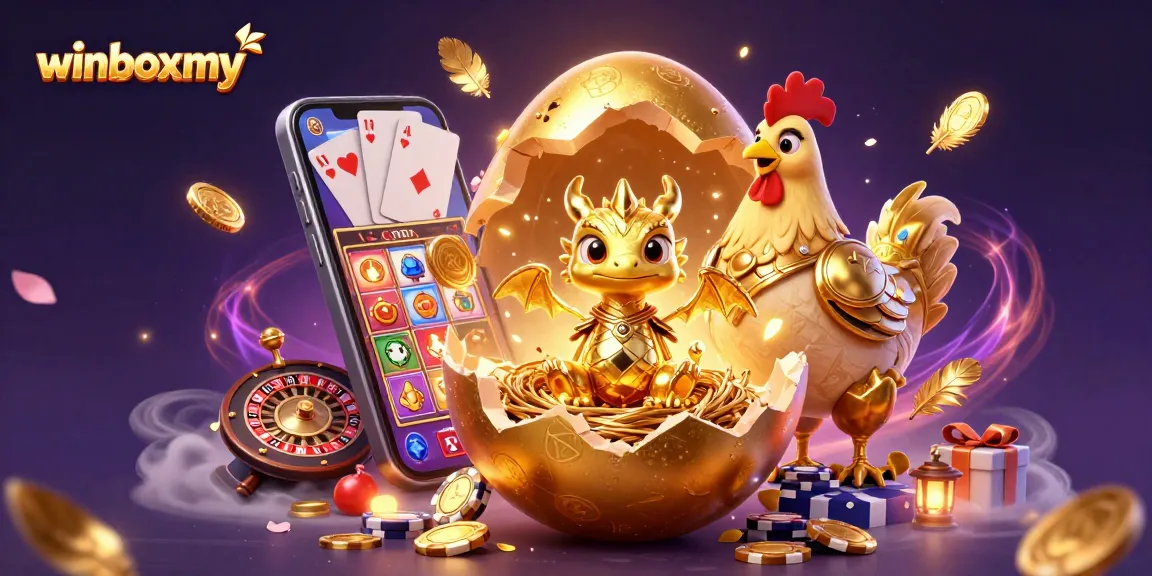 Engage in thrilling gameplay at winboxmy as a golden dragon emerges from a cracking egg surrounded by casino elements.