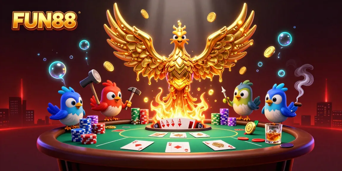 Experience exciting FUN88 gaming with a molten golden phoenix and vibrant poker elements.