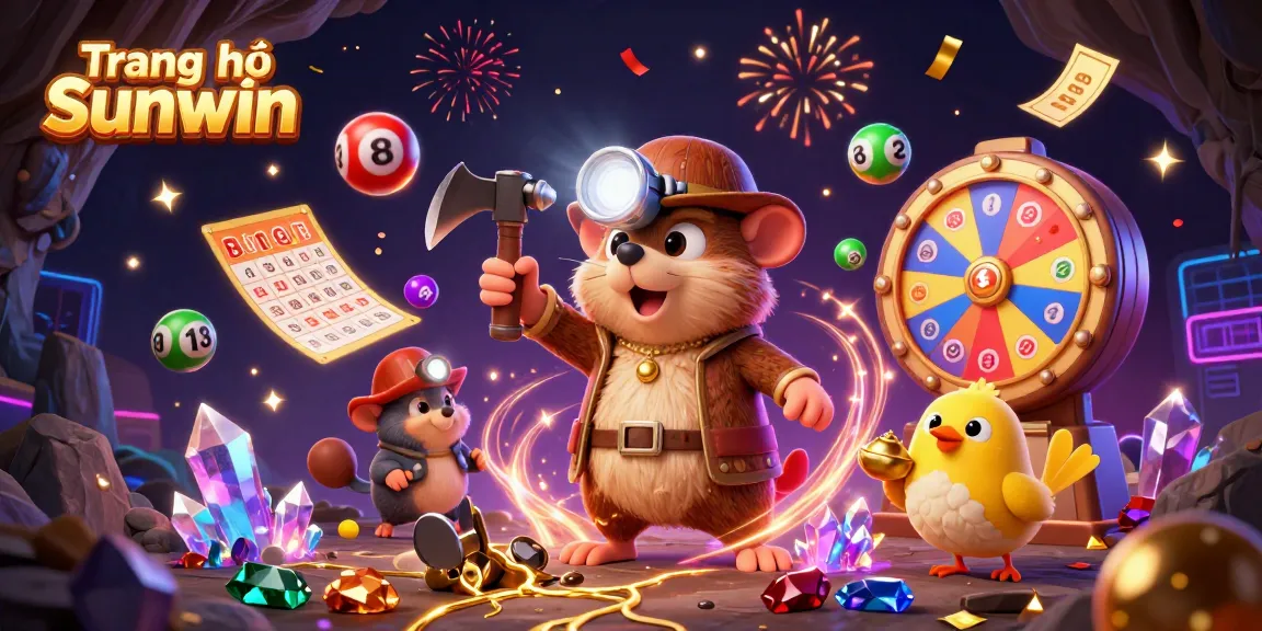 Engage with the thrilling world of Trang chủ Sunwin through this vibrant illustration showcasing a treasure hunter mole and exciting game elements.