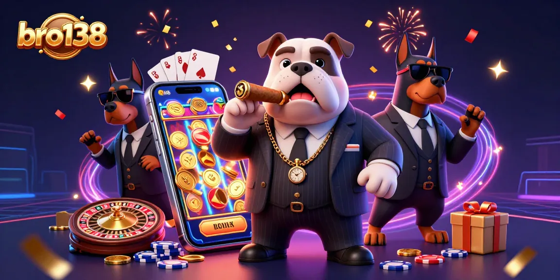 Win big at bro138 with a vibrant casino scene featuring a mafia bulldog and luxurious game elements.