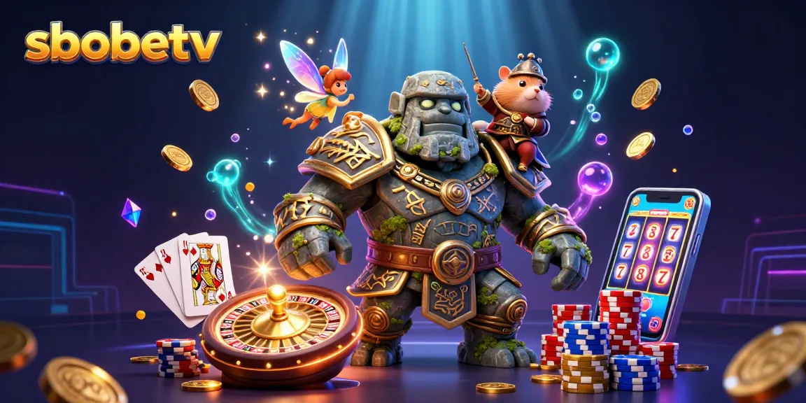 sbobetv showcases a vibrant 3D scene with a golem guardian and magical elements, celebrating dynamic casino themes.