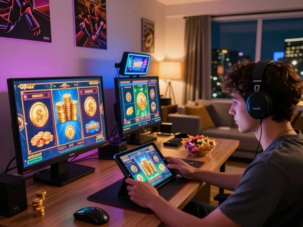 Exciting online gaming moment with go88 player in vibrant home office.