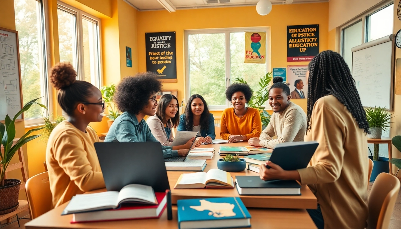 Education scene with diverse students collaborating in a bright classroom.