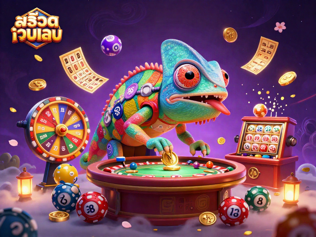 Engage with สล็อตเว็บตรง as a chameleon casino owner watches dynamic lottery elements in a vibrant scene.
