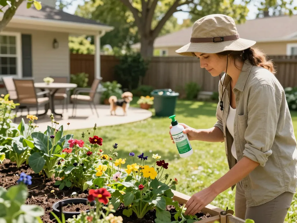 Pest control in a backyard garden using eco-friendly methods to manage pests and nurture plants.