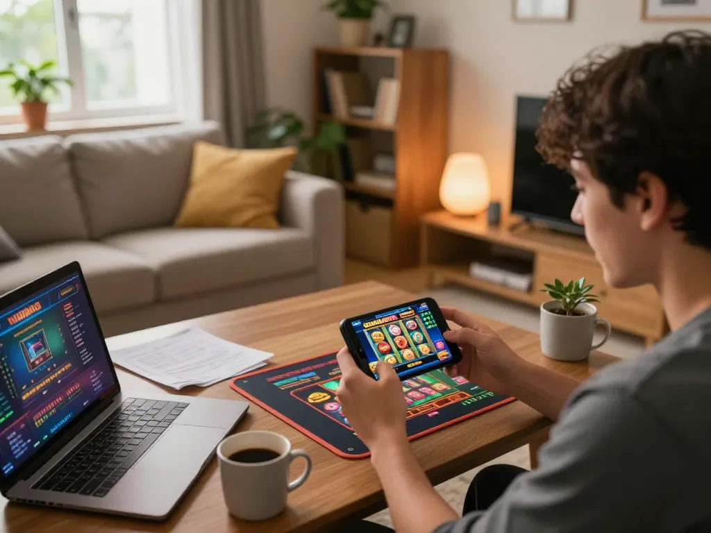 Engaging slot gacor gameplay on a smartphone in a cozy home environment during a mobile gaming session