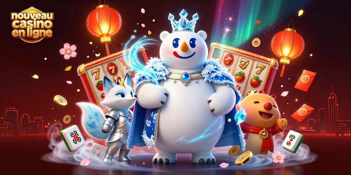 Illustration dynamique de "nouveau casino en ligne" avec un ours polaire et un renard, entourés d'éléments de jeu fascinants.