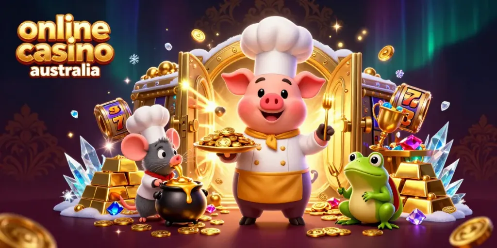Engaging illustration of a chef pig and characters showcasing online casino australia themed excitement.