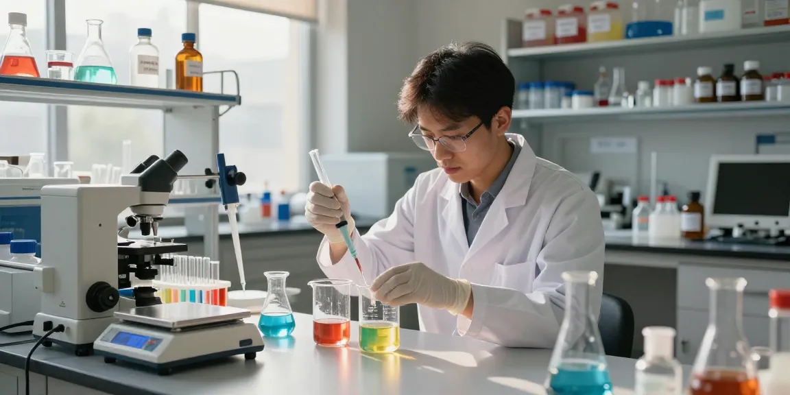 Experienced chemist conducting experiments in a professional lab for organic chemical supplier.