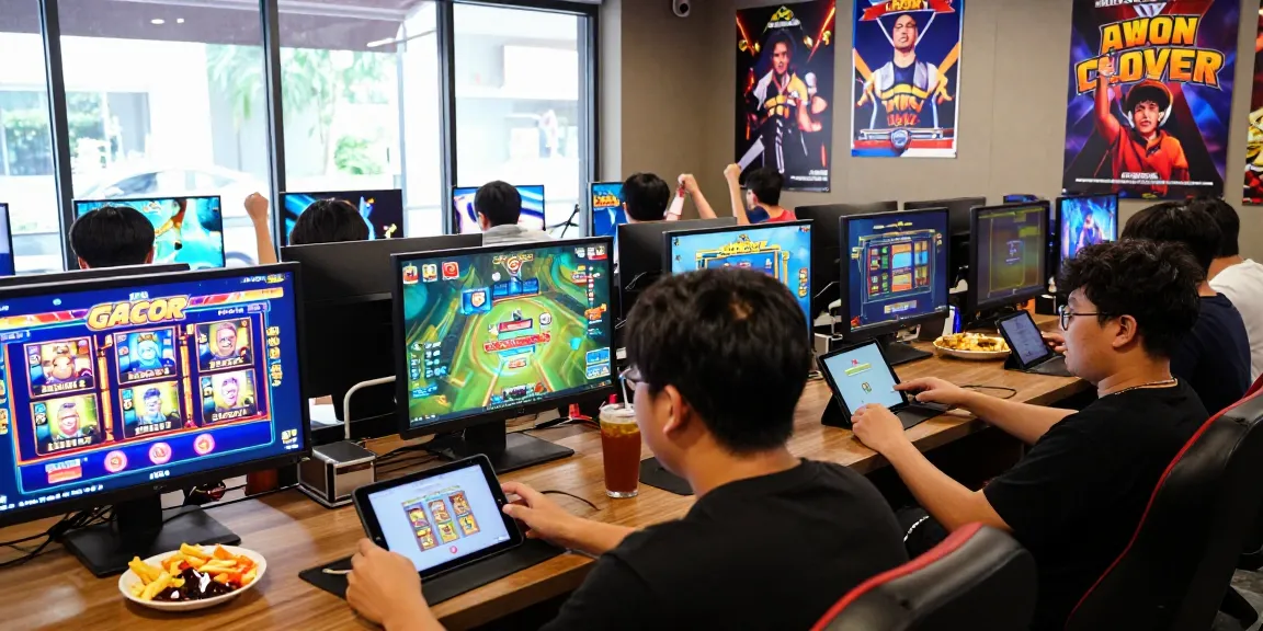 Exciting online gaming lounge with players enjoying slot gacor games in a vibrant atmosphere.