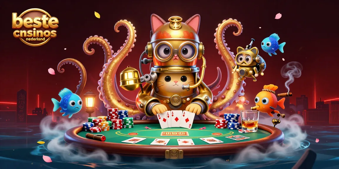 Engage with the vibrant scene showcasing beste online casinos nederland, featuring a kraken and a vintage diving cat exploring casino treasures.