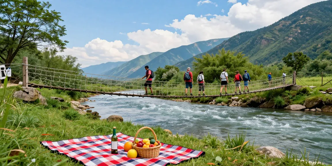 A group of hikers crossing a scenic River Rope Bridge, showcasing adventure and nature exploration.