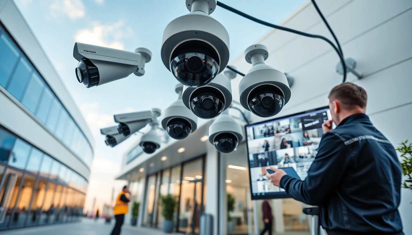 Cámaras Hikvision siendo instaladas por profesionales en un lugar de negocios moderno, destacando la seguridad y la tecnología.