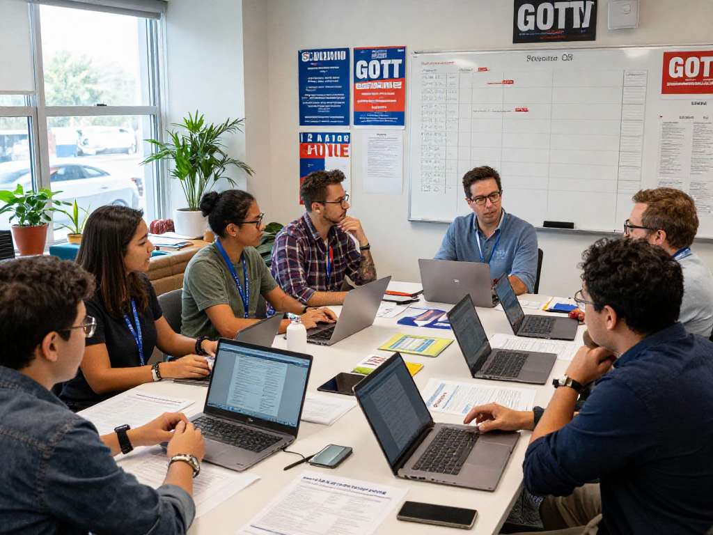 GOTV mailers showcased on campaign office wall during team strategy session, emphasizing election readiness.