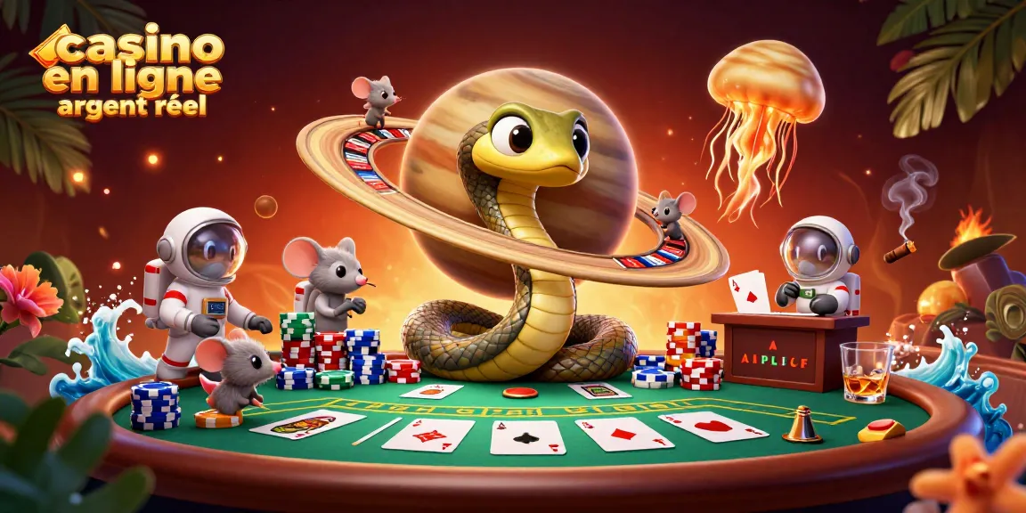 Le casino en ligne argent réel s’anime avec un serpent de Saturne jouant à la roulette et des astronautes misant.