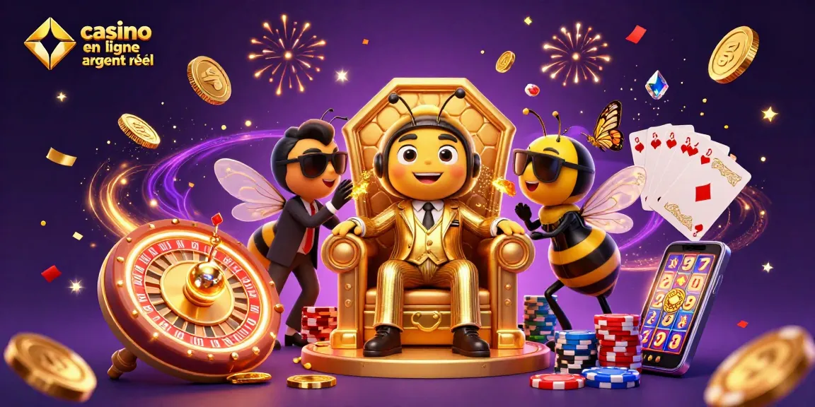 Illustration dynamique sur le thème du casino en ligne argent réel avec des personnages colorés et des jetons de poker.