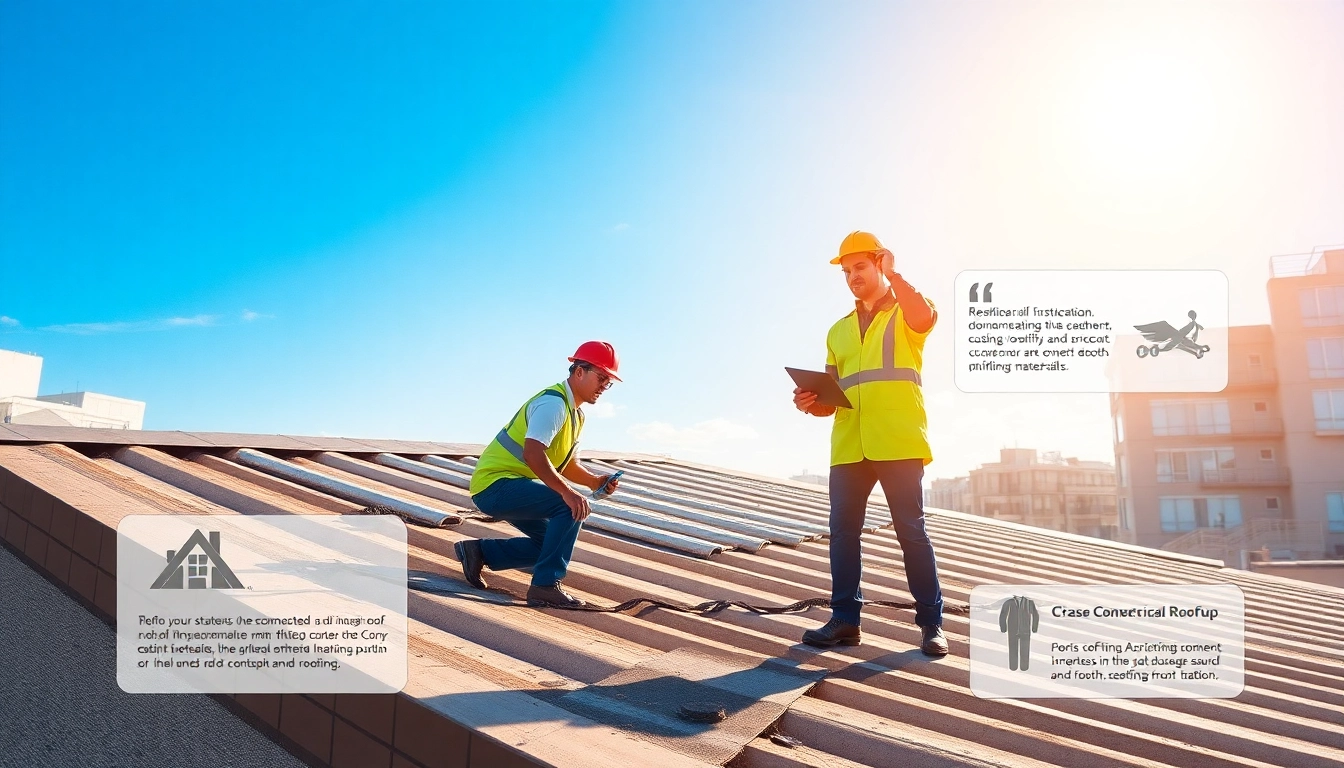 Inspecting commercial roofing services while showcasing diverse materials on a sunny rooftop.