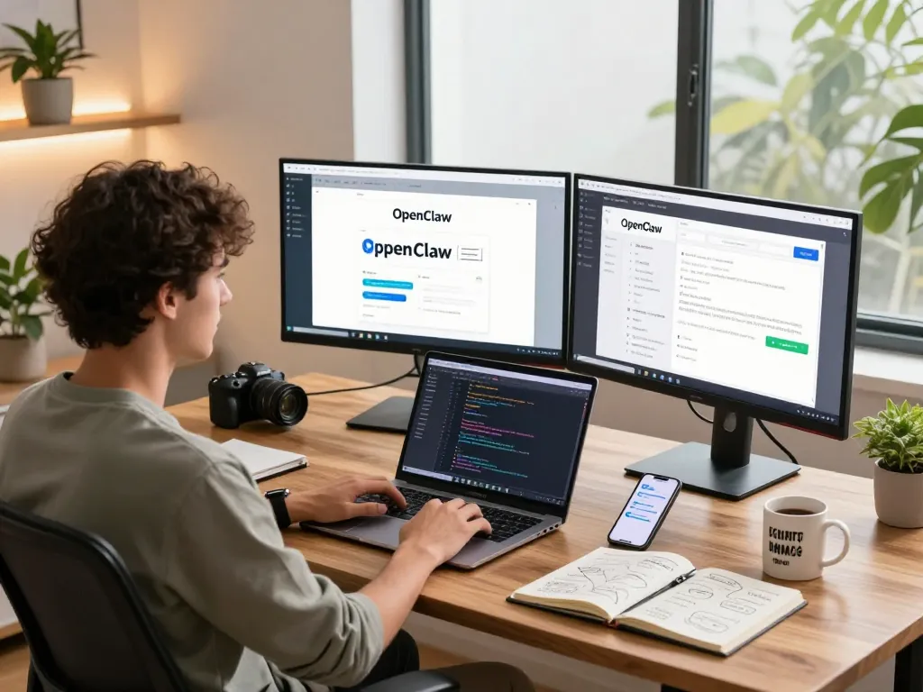 OpenClaw interface displayed in a modern home office setting, showcasing productivity tools and AI integration.