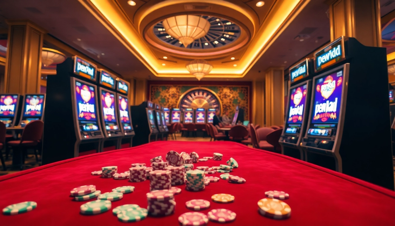 PEN4D slot machines and vibrant poker chips create an exciting gaming atmosphere in a luxury casino.