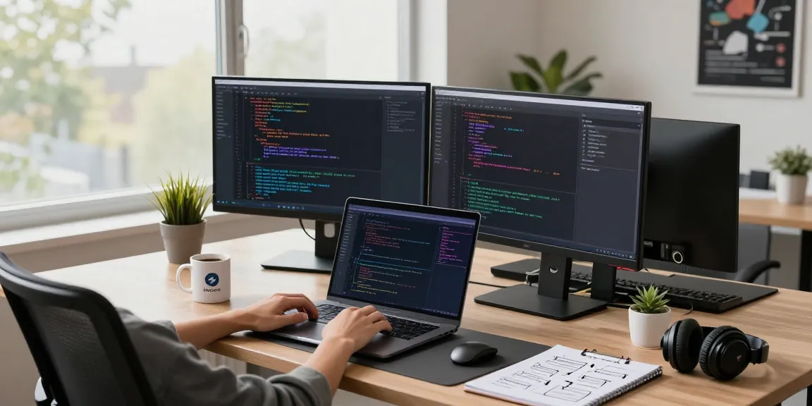 Engaged developer coding on dual monitors with Telegram chat interface, showcasing a modern workspace for effective communication.