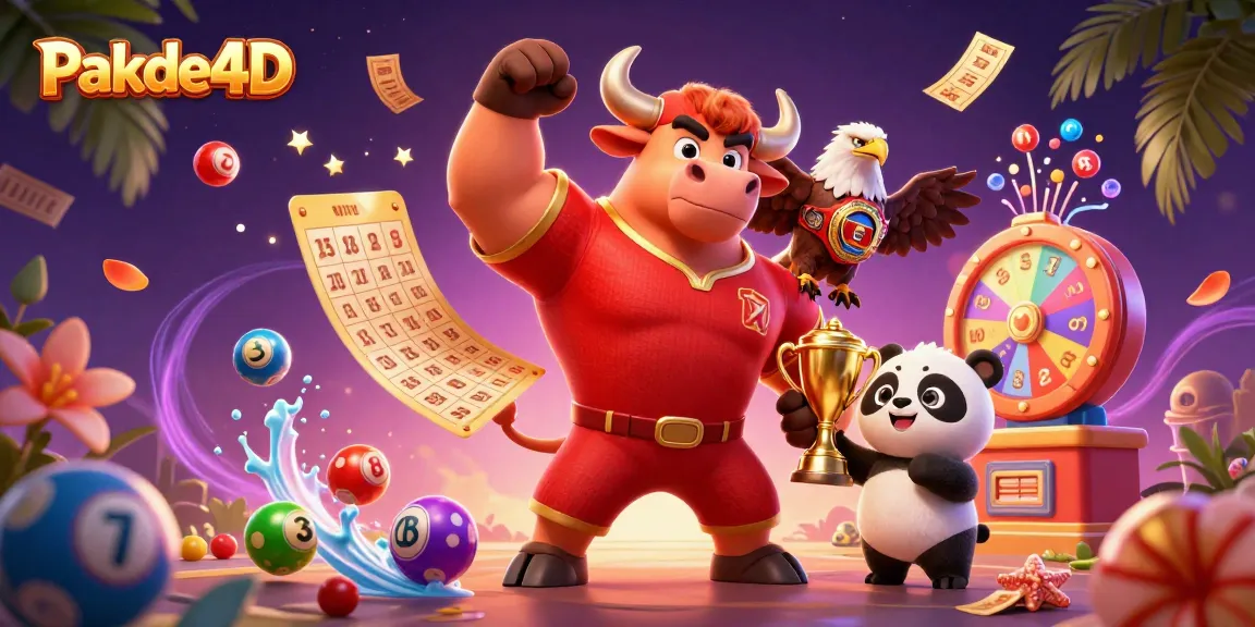 Experience the thrill of Pakde4D’s lottery excitement with dynamic scenes of a bull mascot, eagle, and panda celebrating victories amidst exploding lottery elements.