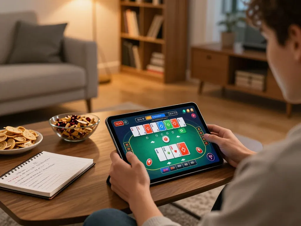 KJC online gambling scene with a player engaged in poker strategy using a tablet.