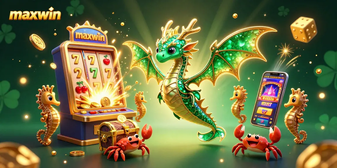 Maxwin's vivid casino scene showcases a vibrant 3D dragon and slot machine within an enchanting setting.