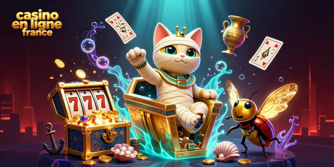 Découvrez le monde des jeux avec casino en ligne France et une illustration dynamique d'un chat momie égyptien.