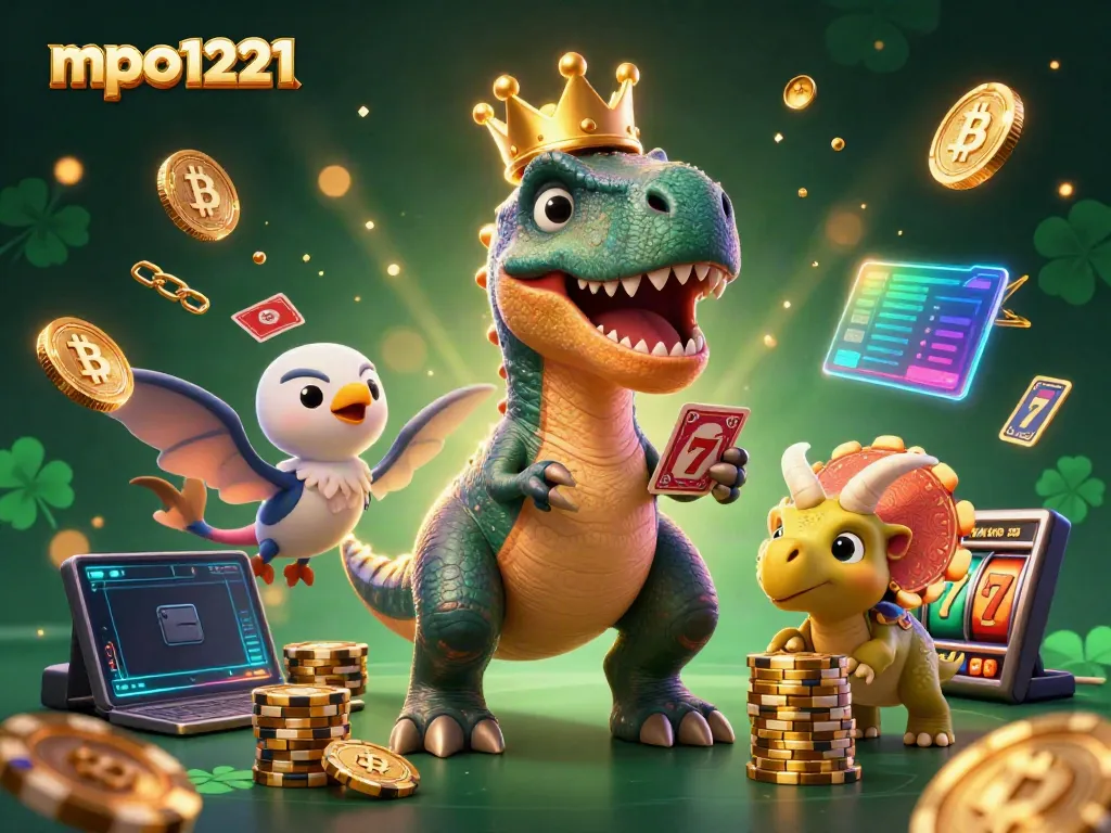 Experience thrilling gameplay with mpo1221’s vibrant animated casino scene featuring a T-Rex and other characters.