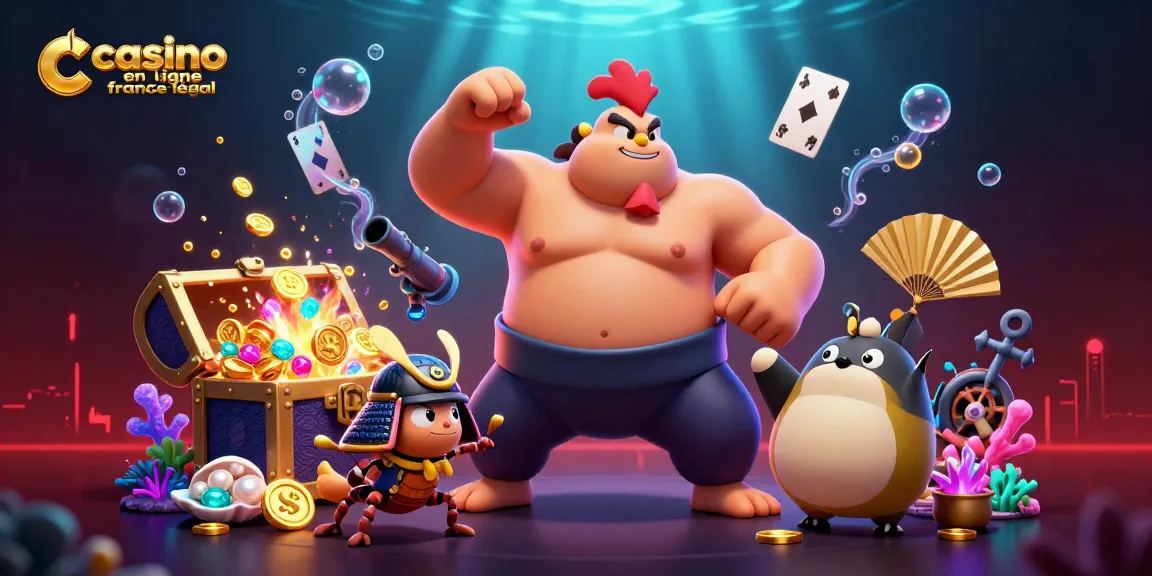Illustration animée représentant un casino en ligne légal en France avec des personnages colorés et des éléments de jeu dynamiques.