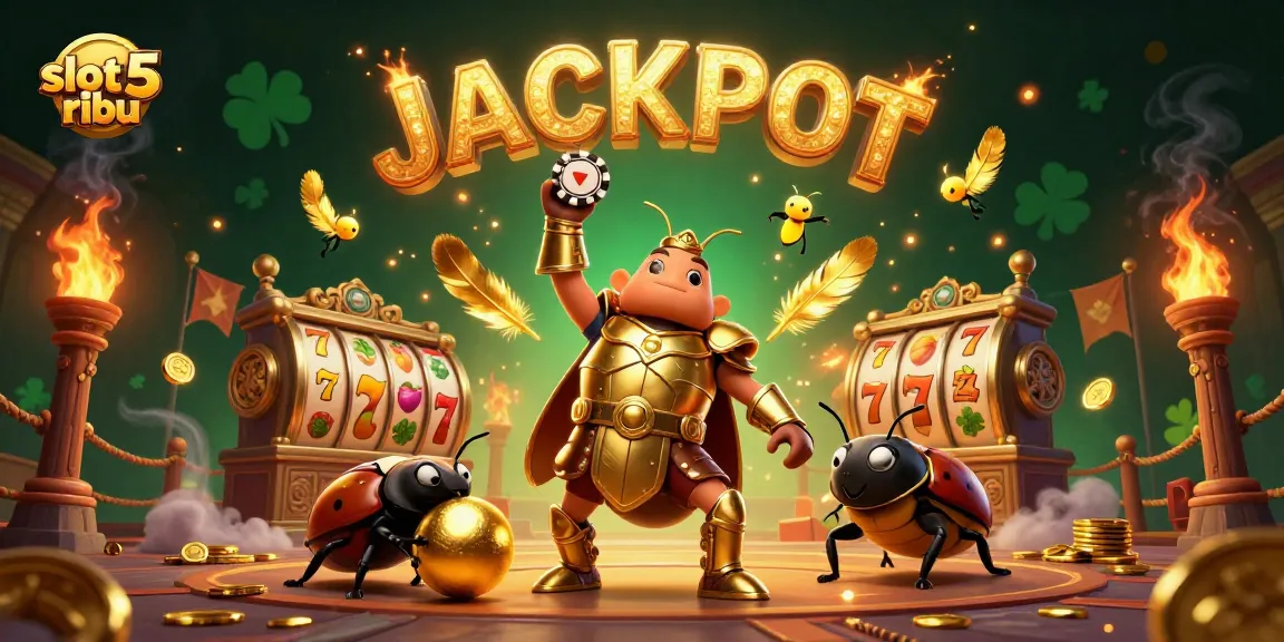 Engage in exciting gameplay with slot 5 ribu, featuring a joyous beetle duo celebrating a jackpot victory.