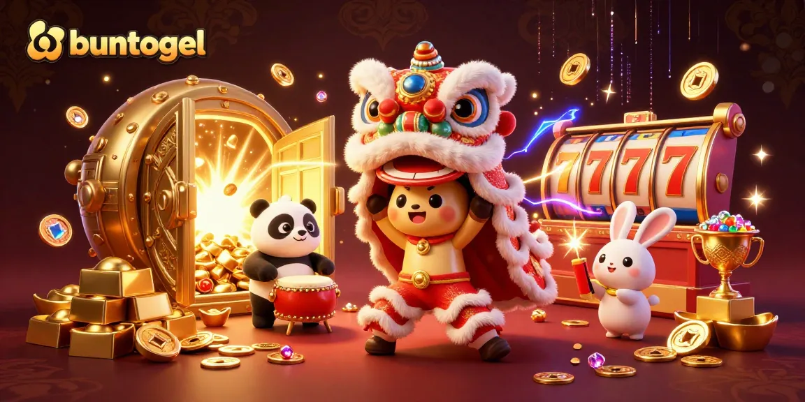 Buntogel offers engaging slot experiences with lively characters and sparkling treasures in a vibrant illustration.