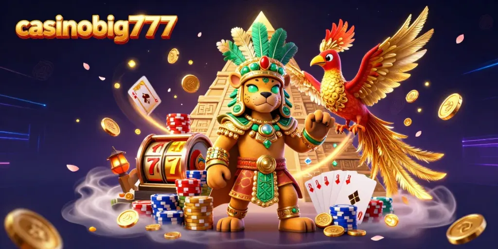Experience the thrill of casinobig777 with dynamic slot machine reels and shimmering treasures in a vibrant casino scene.